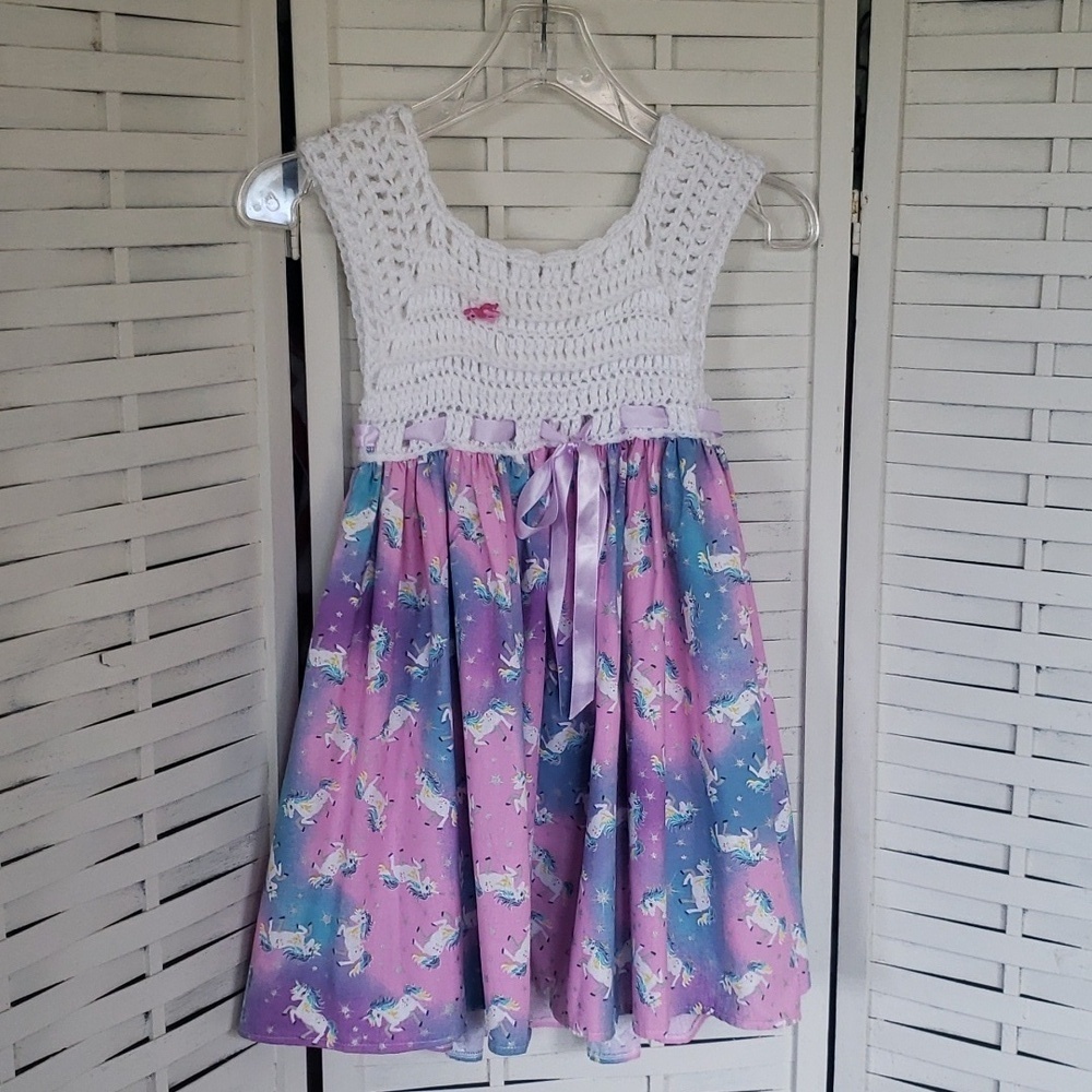 Handmade white crochet acrylic and unicorn pink fabric girls dress 5/6